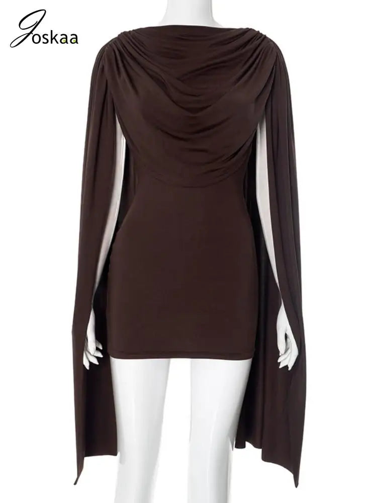 Women's Ruched Bodycon Elegant Round Neck Mini Dress Dark Brown – Back View
