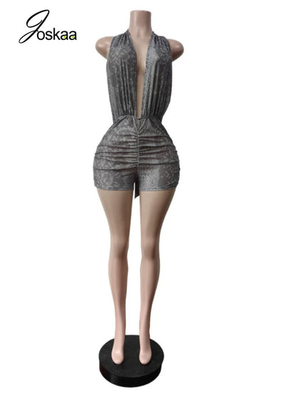 Women's Lace Mesh Backless Halter Romper Light Gray – Side View