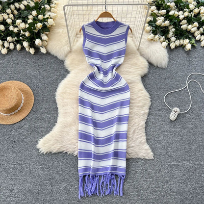 Women's Stripe Knit Sleeveless Bodycon Dress