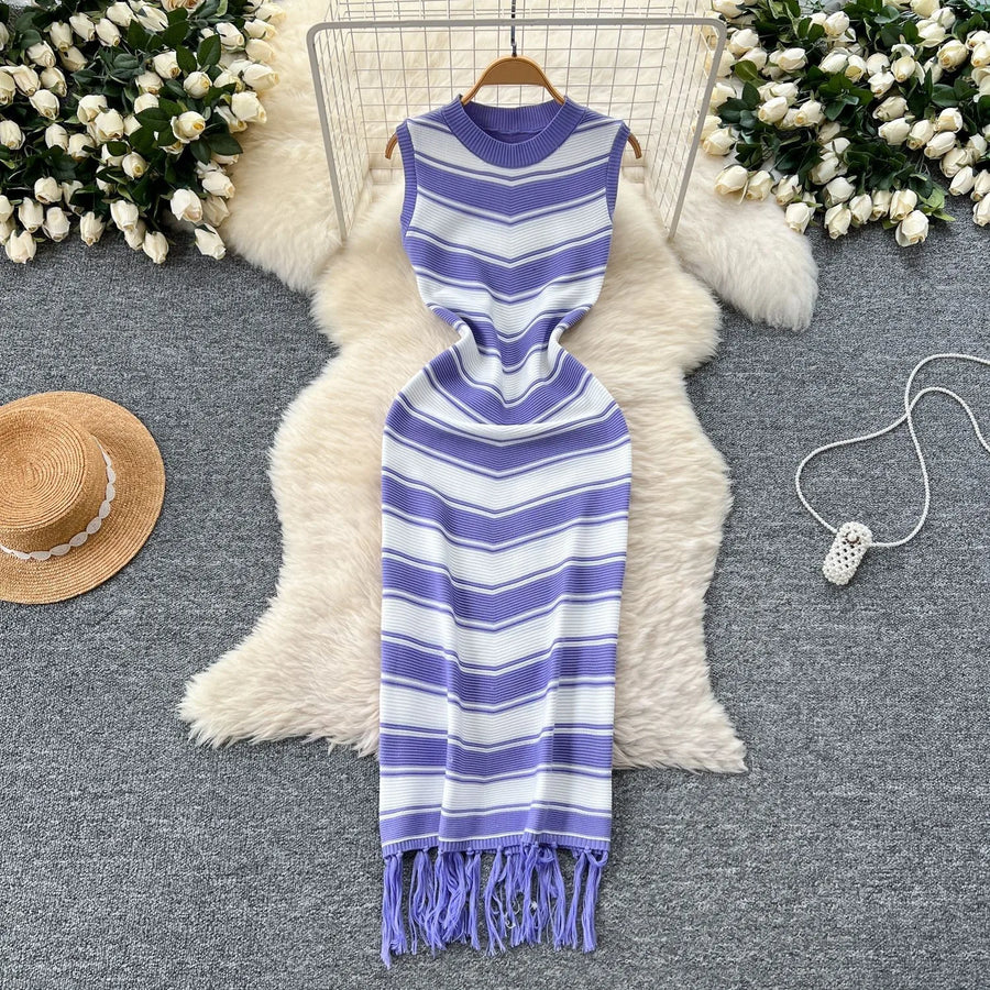 Women's Stripe Knit Sleeveless Bodycon Dress