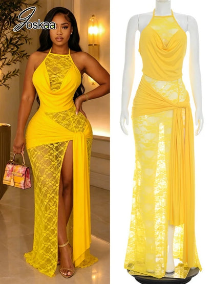 Women's Mesh Lace Ruched Backless Maxi Dress - Women's Fashion Wholesale - Front View