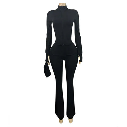 Women's Long Sleeve Flare Zip Two Piece Set
