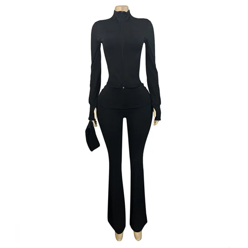 Women's Long Sleeve Flare Zip Two Piece Set