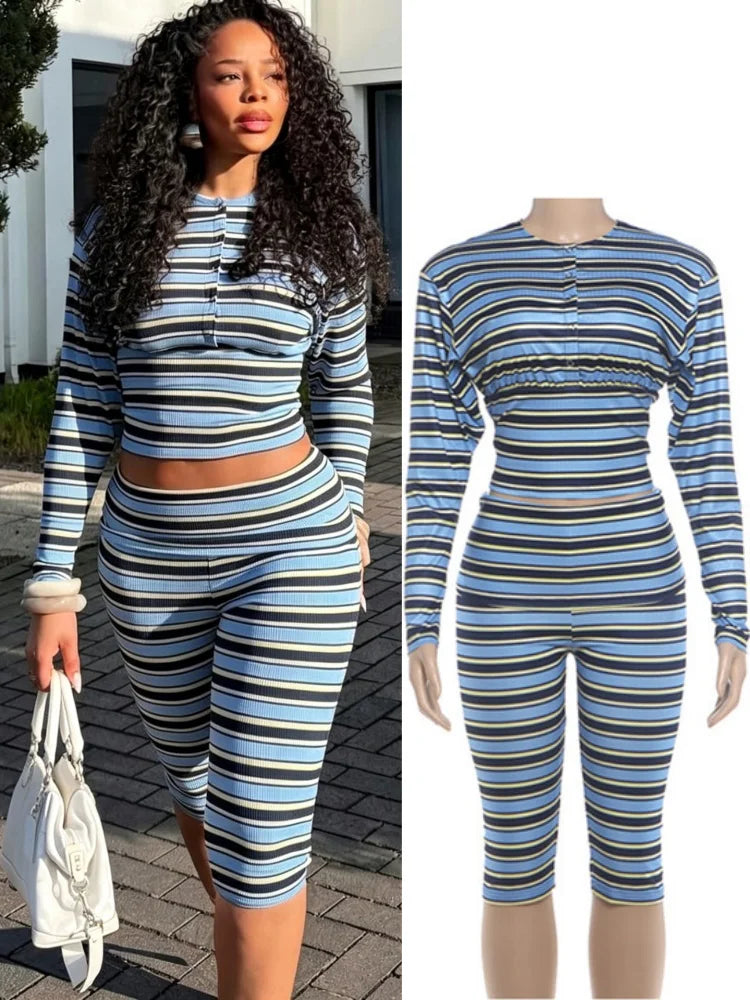 Women's Striped Long Sleeve Two Piece Set - Additional View 8