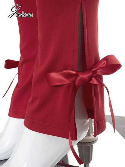 Women's Halter Strapless Long Sleeve Wide Leg Two Piece Set - Model Wearing Style