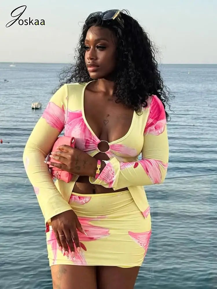Women's Floral Print Long Sleeve Bodycon Two Piece Set Yellow – Front View
