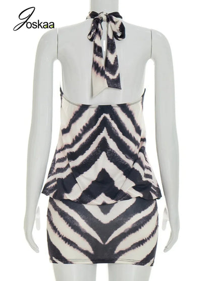 Women's Zebra Print Striped Halter Sleeveless Mini Dress - Detail View