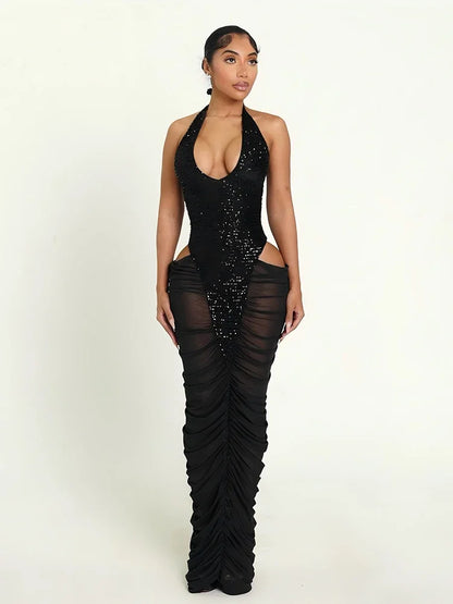 Women's Sequin Mesh Backless Halter Maxi Dress
