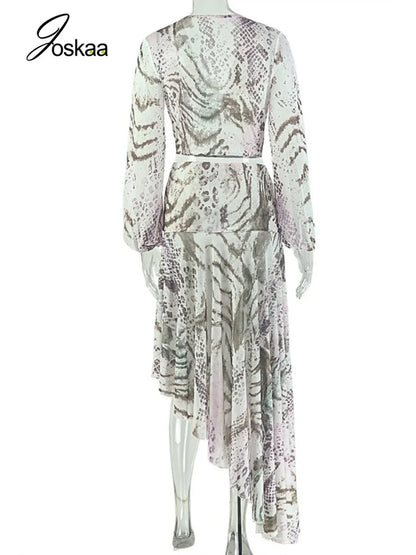 Women's Zebra Print Snake Print Mesh V-neck Two Piece Set - Detail View 4