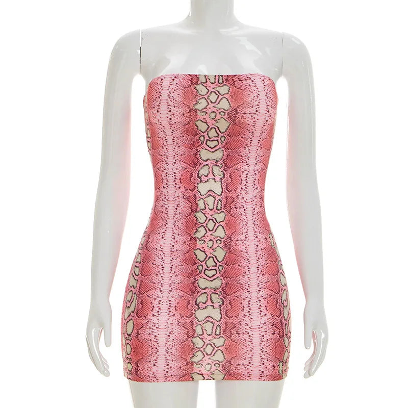 Women's Snake Print Backless Strapless Mini Dress