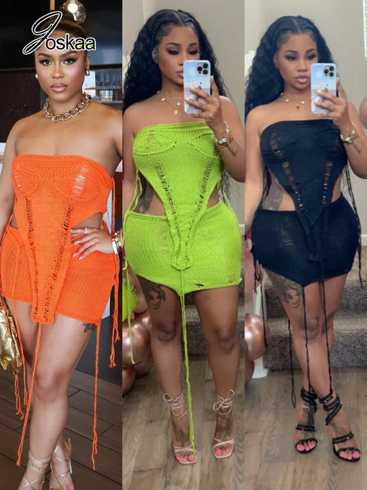 Women's Ribbed Knit Strapless One Shoulder Two Piece Set - Women's Fashion Wholesale - Front View