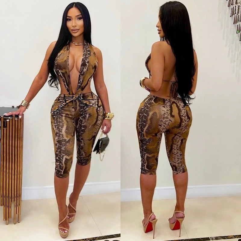 Women's Snake Print V-neck Halter Sleeveless Romper - Additional View 10