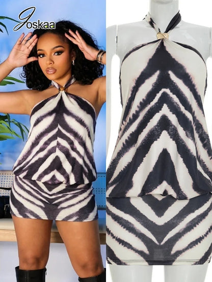 Women's Zebra Print Striped Halter Sleeveless Mini Dress - Women's Fashion Wholesale - Front View