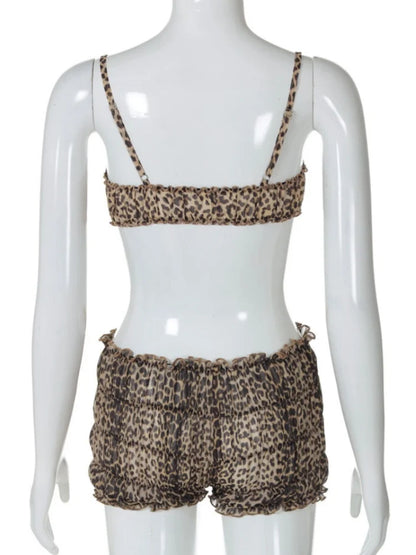 Women's Leopard Print Ruched Swimwear Bikini Set Pink – Detail View