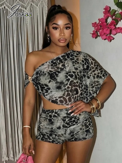 Women's Leopard Print Mesh Ruched Two Piece Set Black – Side View