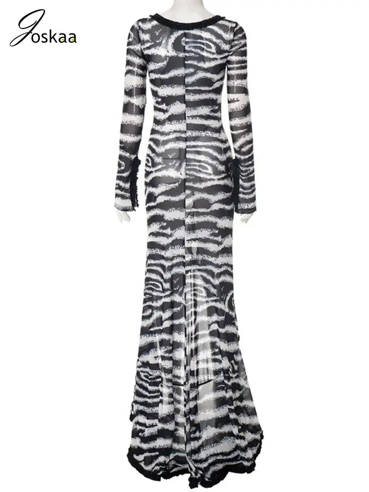 Women's Zebra Print Stripe Cutout Maxi Dress Black – Detail View