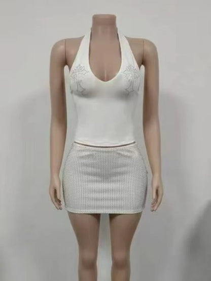 Women's Rhinestone Halter Bodycon Two Piece Set
