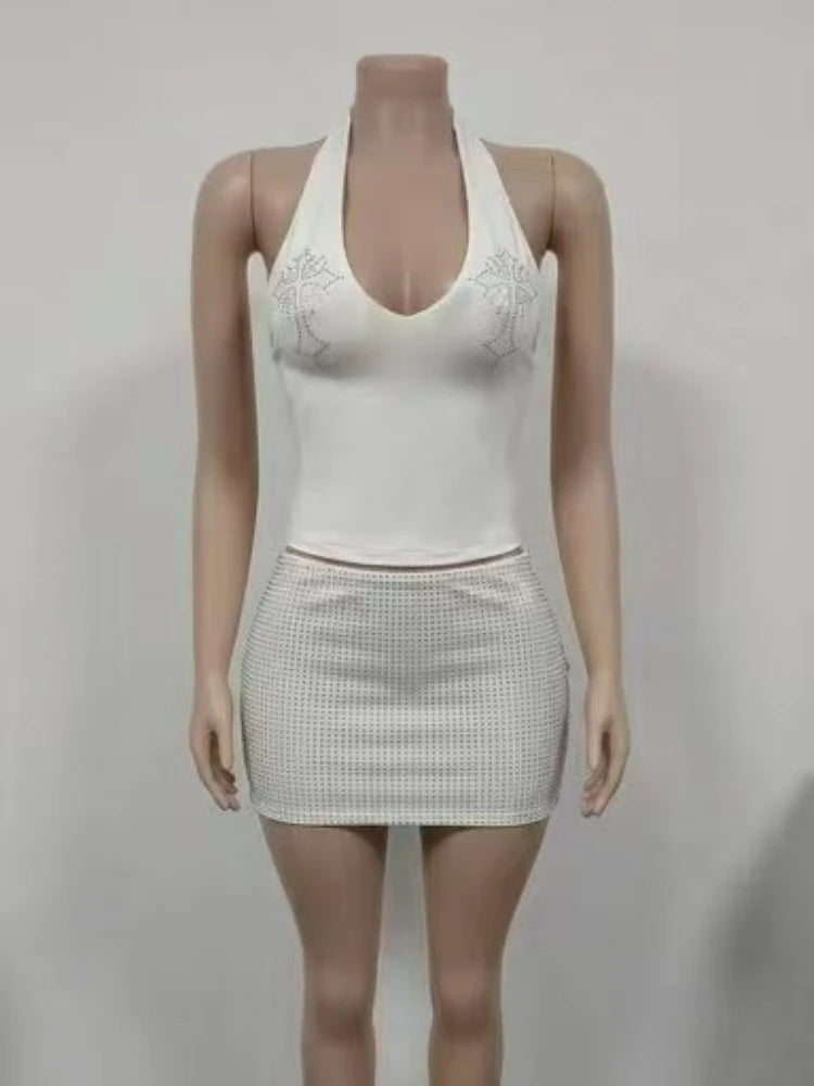 Women's Rhinestone Halter Bodycon Two Piece Set