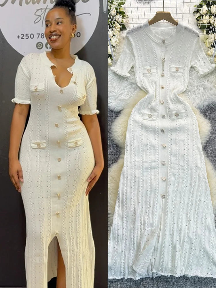 Women's Knit Short Sleeve Bodycon Maxi Dress – Women's Fashion Wholesale – Front View