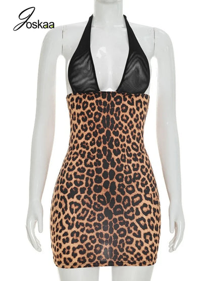 Women's Leopard Print Mesh Backless Mini Dress Leopard Print – Back View