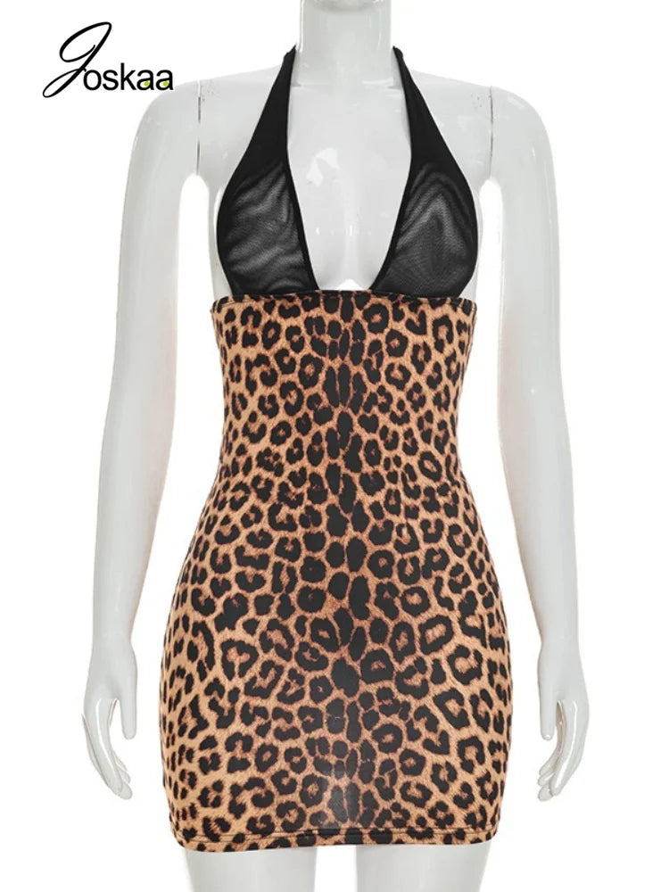Women's Leopard Print Mesh Backless Mini Dress Leopard Print – Back View