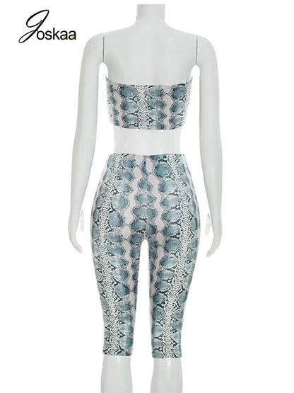 Women's Snake Print Strapless Crop Two Piece Set Green – Detail View