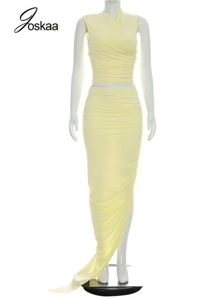 Wholesale Women's Ruched High Waist Two Piece Set Yellow – Back View