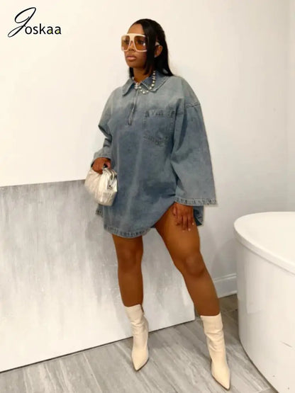 Women's Denim Long Sleeve Zip Mini Dress As Picture – Front View