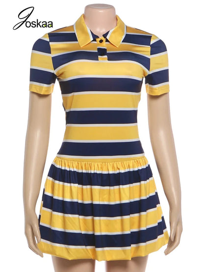 Women's Stripe Ruched Short Sleeve Mini Dress Yellow – Back View