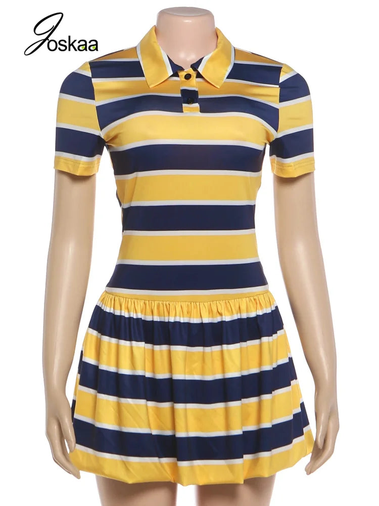 Women's Stripe Ruched Short Sleeve Mini Dress Yellow – Back View