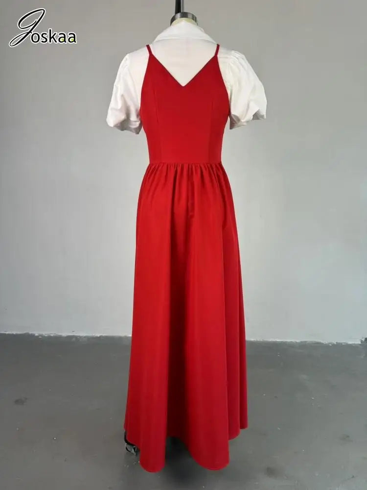 Women's Patchwork Lapel Short Maxi Dress Red – Detail View
