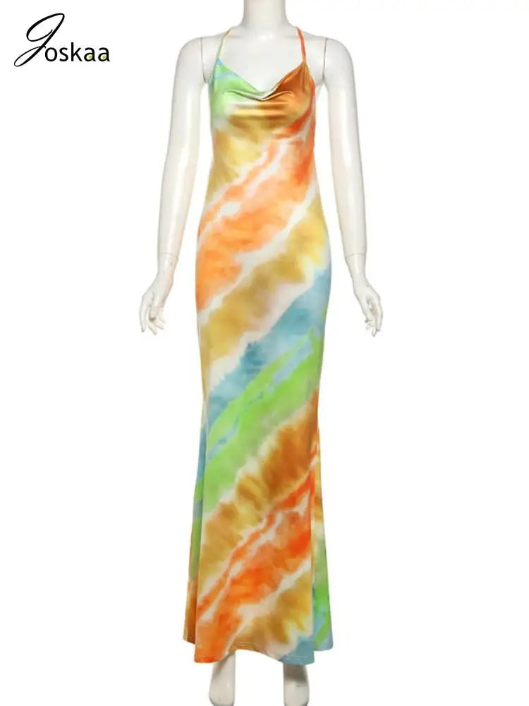 Women's Backless Halter Bodycon Maxi Dress Colorful – Back View