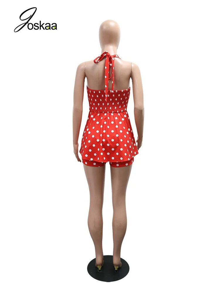 Women's Polka Dot Backless Halter Sleeveless Romper - Detail View