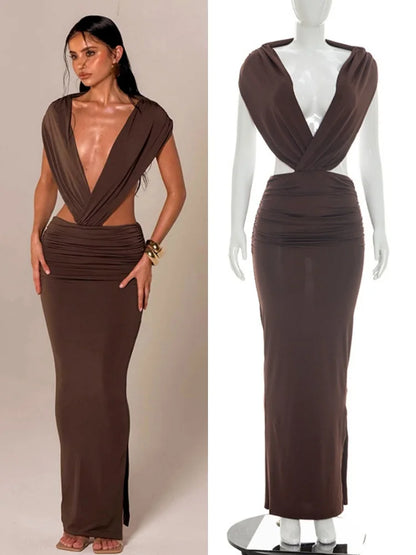 Women's Ruched Backless V-neck Bodycon Maxi Dress - Additional View 8