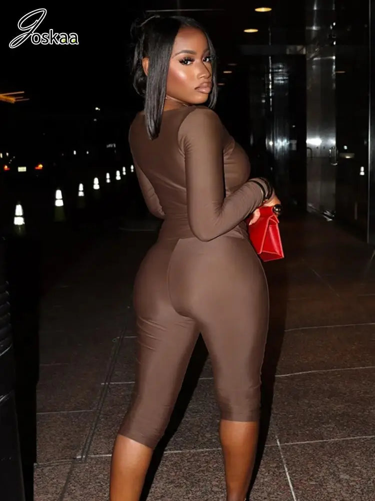 Wholesale Women's Long Sleeve Crop Two Piece Set Brown – Side View
