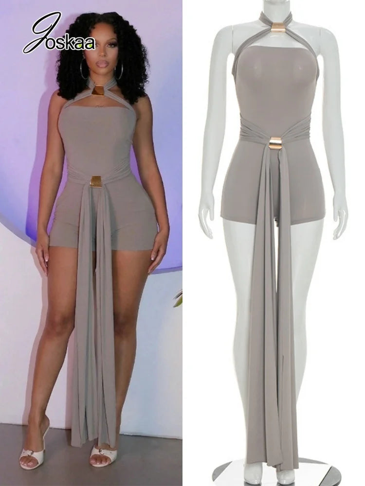 Women's Backless Halter Sleeveless Bodycon Romper - Front View