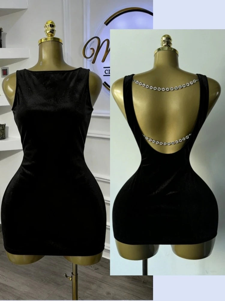 Women's Velvet Backless Black with Pearl Dress