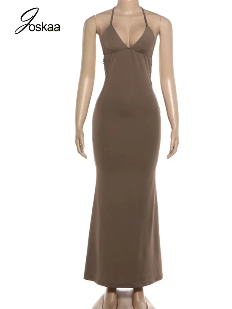 Women's Backless Sleeveless Bodycon Maxi Dress Brown – Back View