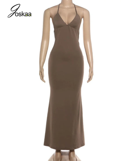Women's Backless Sleeveless Bodycon Maxi Dress Brown – Back View