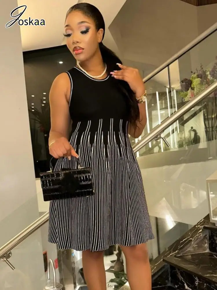 Women's Stripe Knit Sleeveless Ribbed Dress White – Front View