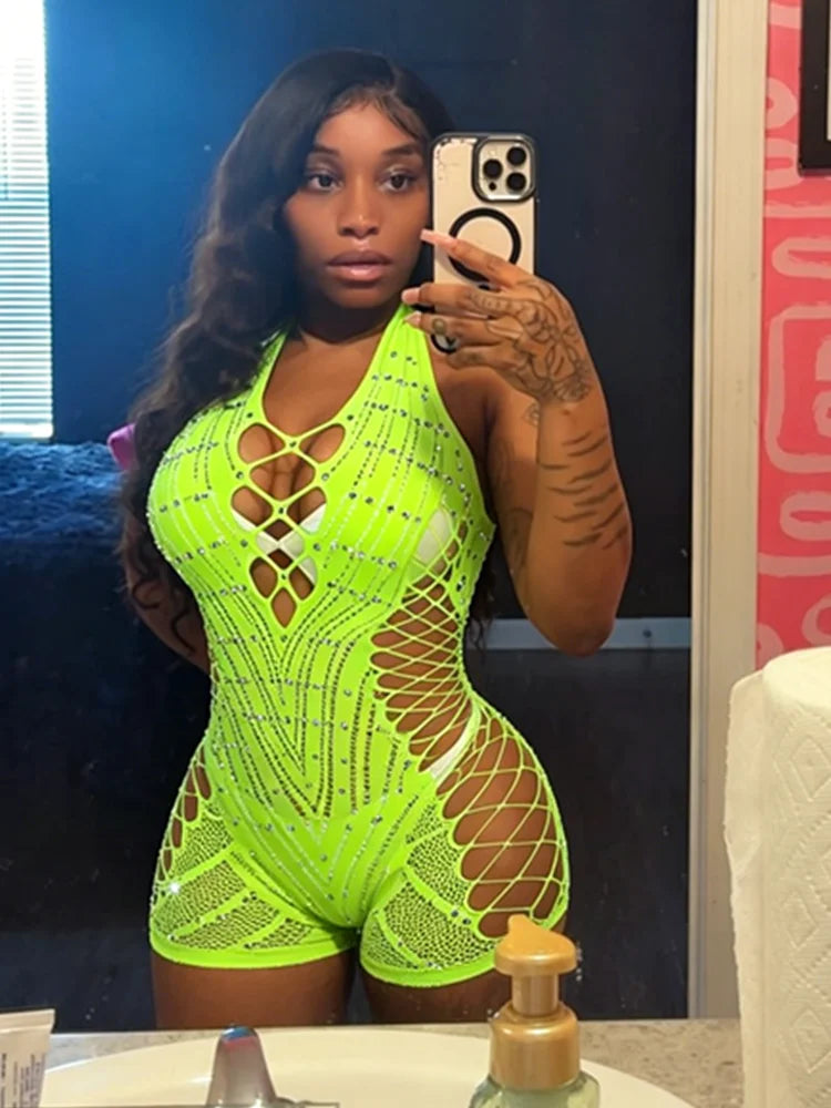 Women's Rhinestone Backless Cutout Romper