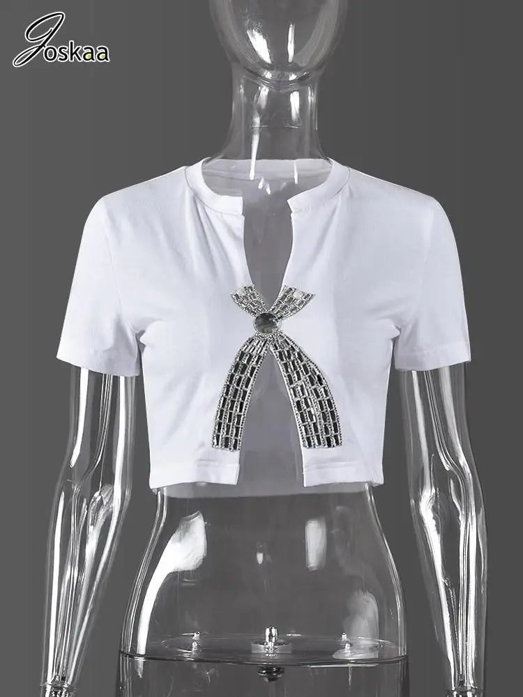 Women's Rhinestone Short Sleeve Split T-shirts Solid Top Black – Back View