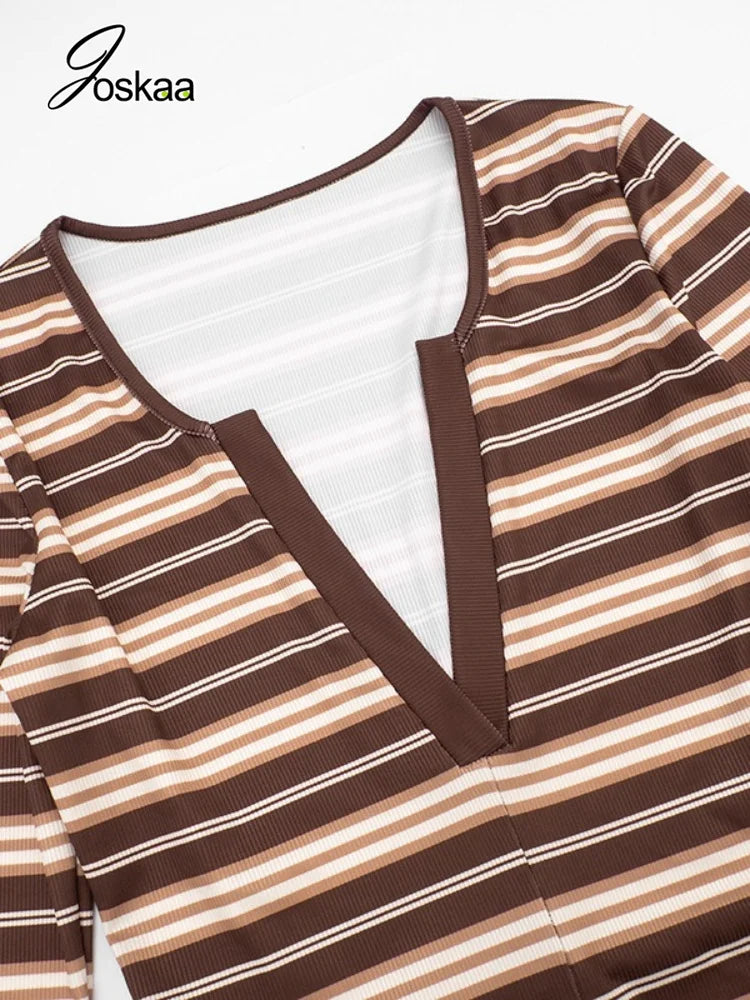 Women's Striped V-neck Long Sleeve Bodycon Romper - Model Wearing Style