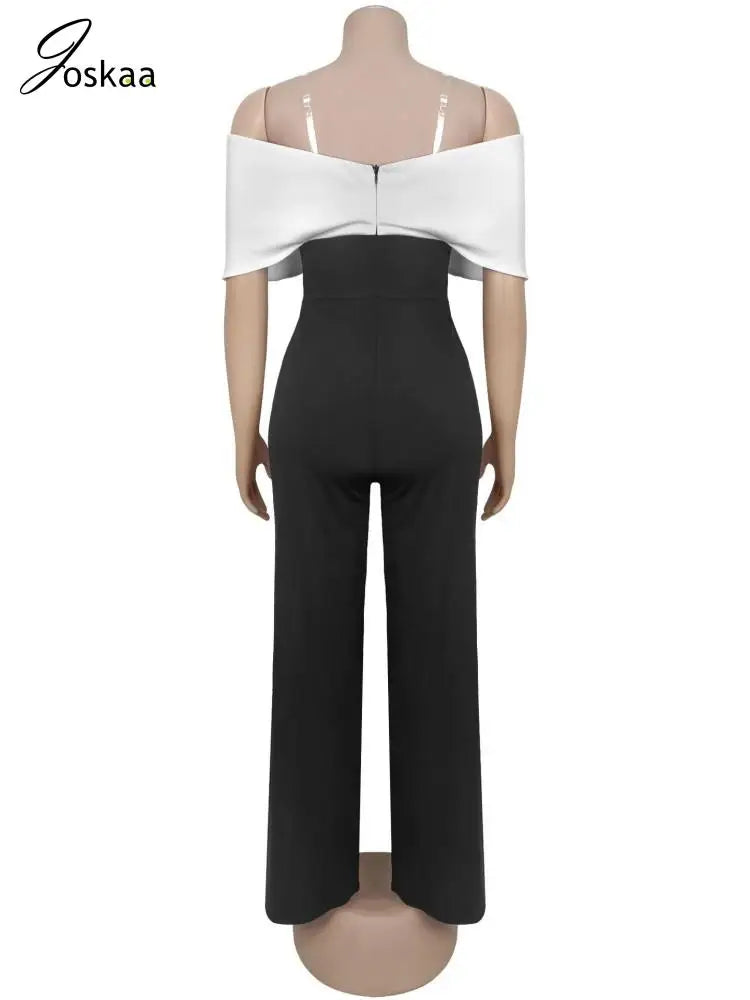 Women's Backless Strapless Flare Wide Leg Romper Black White – Detail View
