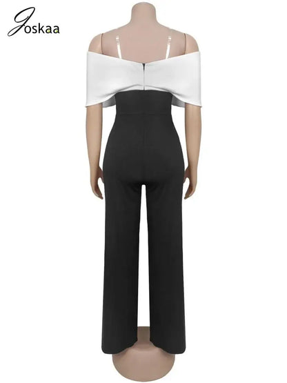 Women's Backless Strapless Flare Wide Leg Romper Black White – Detail View
