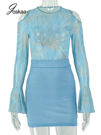 Women's Mesh Long Sleeve Bodycon Wide Leg Mini Dress - Back View