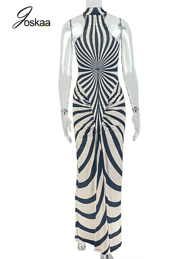 Women's Striped Ruched Sleeveless Bodycon Maxi Dress - Detail View