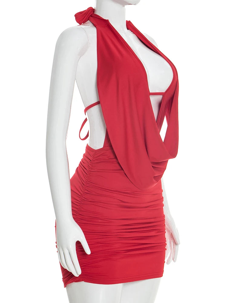 Joskaa Ruched Backless Halter Sleeveless Mini Dress - mini dress image 3