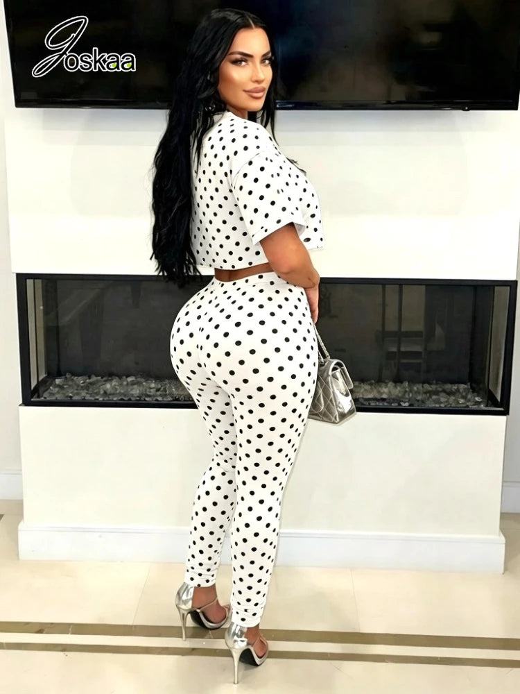 Women's Polka Dot Cutout Short Sleeve Two Piece Set White – Front View
