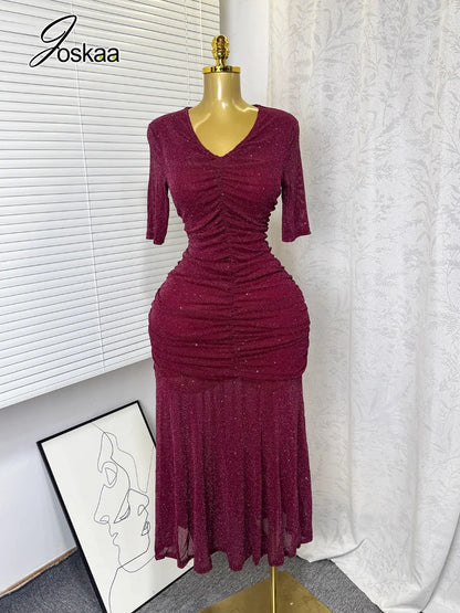 Women's Mesh Sequin Ruched V-neck Bodycon Dress - Women's Fashion Wholesale - Front View